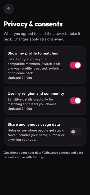 Privacy and consents screen with switches for showing your profile, using religion and community, and anonymous usage data.
